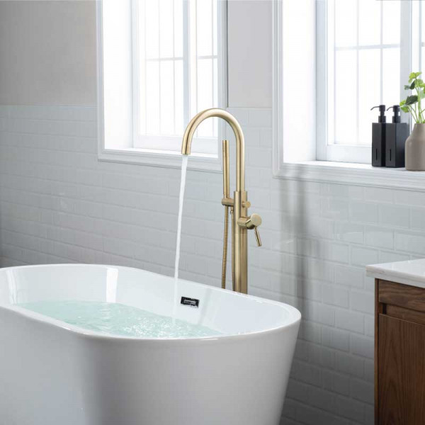 floor mount faucet in satin brass finish
