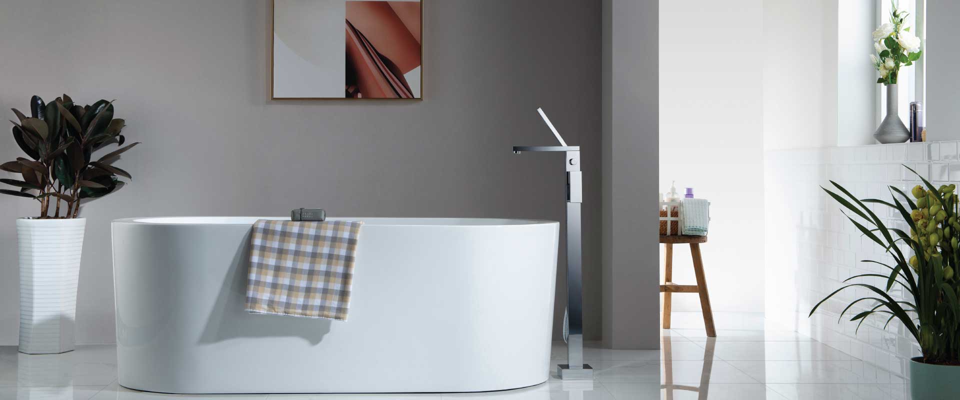 bathroom with floor mount faucet