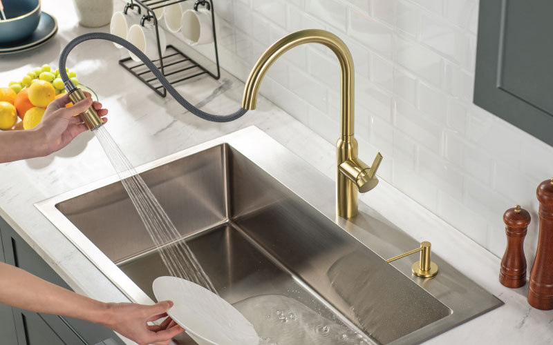 satin brass gold kitchen faucet with pull out