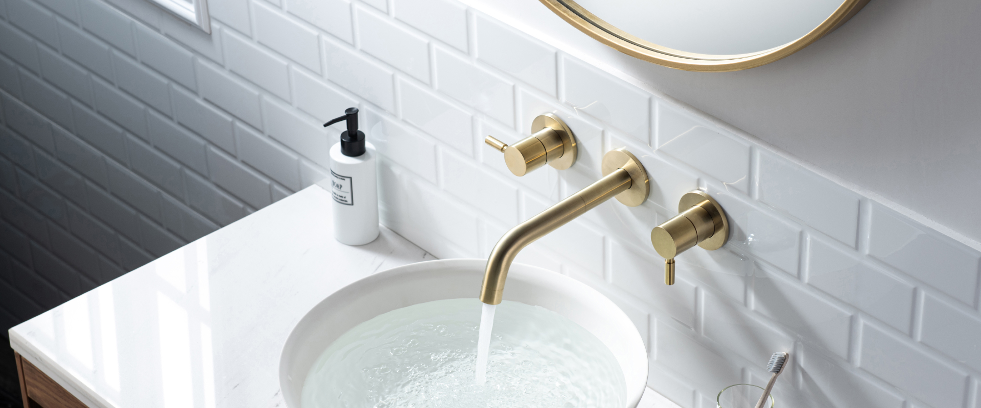 satin brass wall mount bathroom with white marble