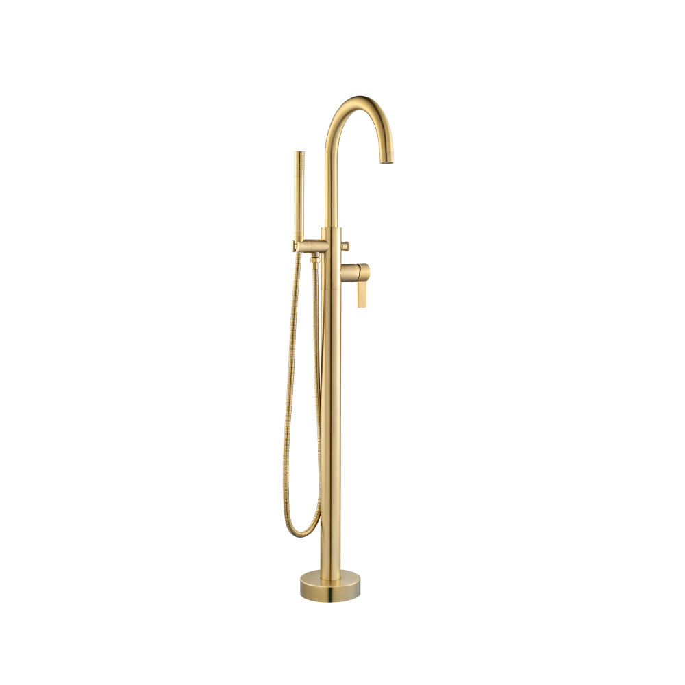 Freestanding Floor Mount Bathtub / Tub Filler With Hand Shower | Satin Brass PVD