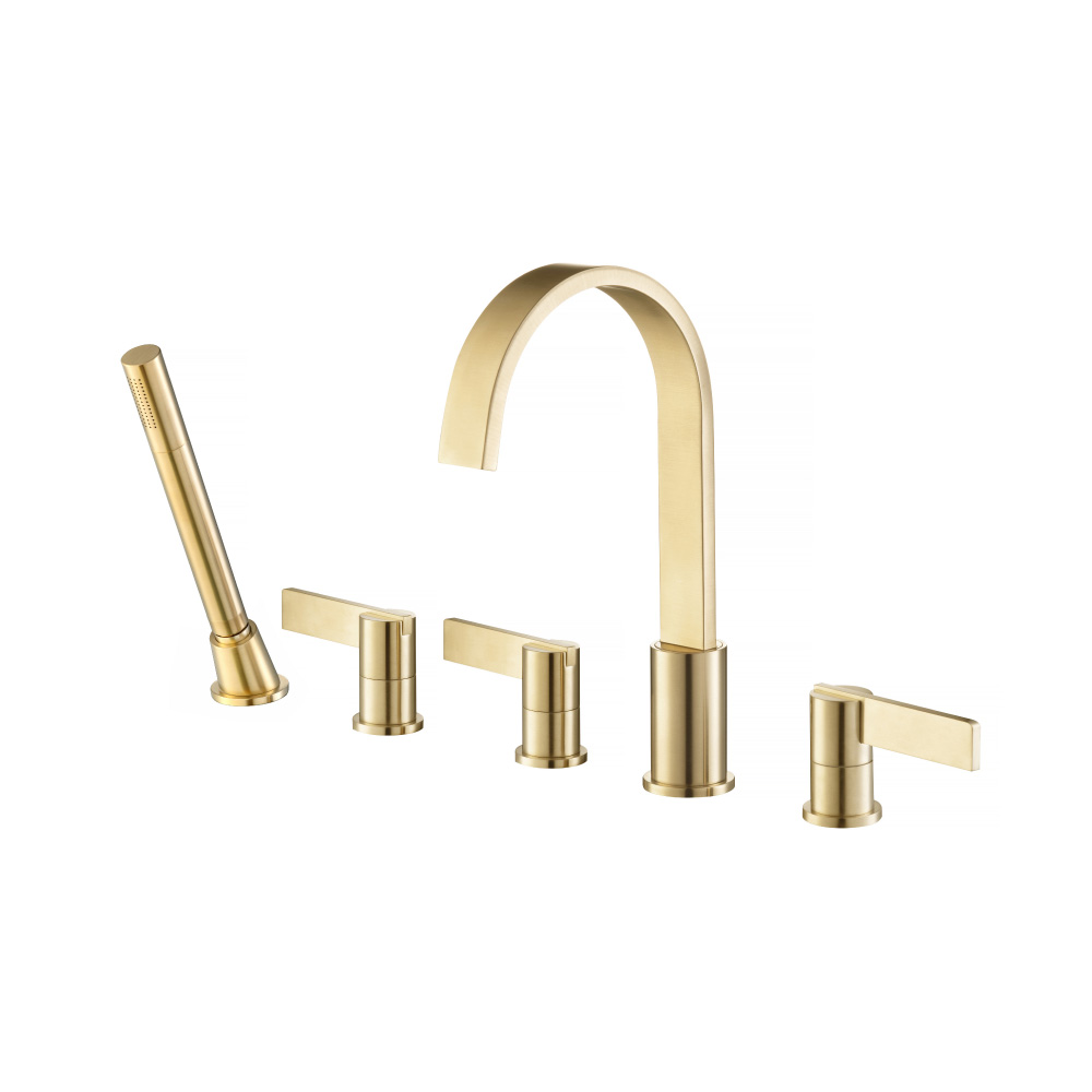 Five Hole Deck Mounted Roman Tub Faucet With Hand Shower | Satin Brass PVD