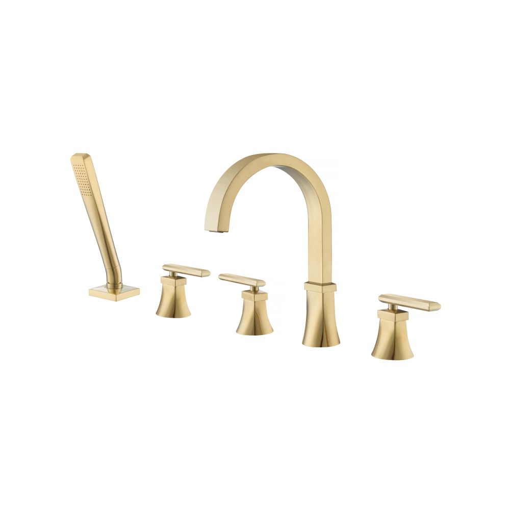 Five Hole Deck Mounted Roman Tub Faucet With Hand Shower | Satin Brass PVD