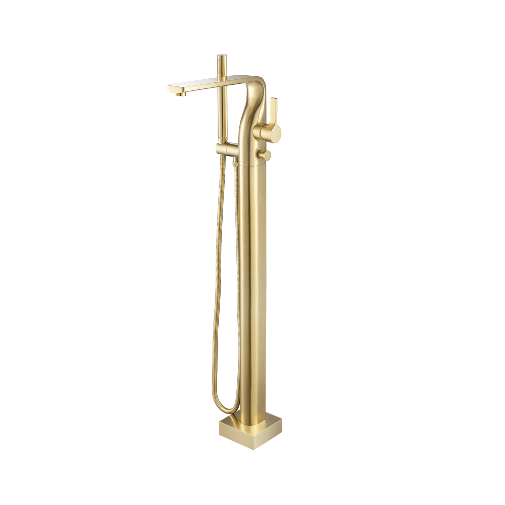 Freestanding Floor Mount Bathtub / Tub Filler With Hand Shower | Satin Brass PVD