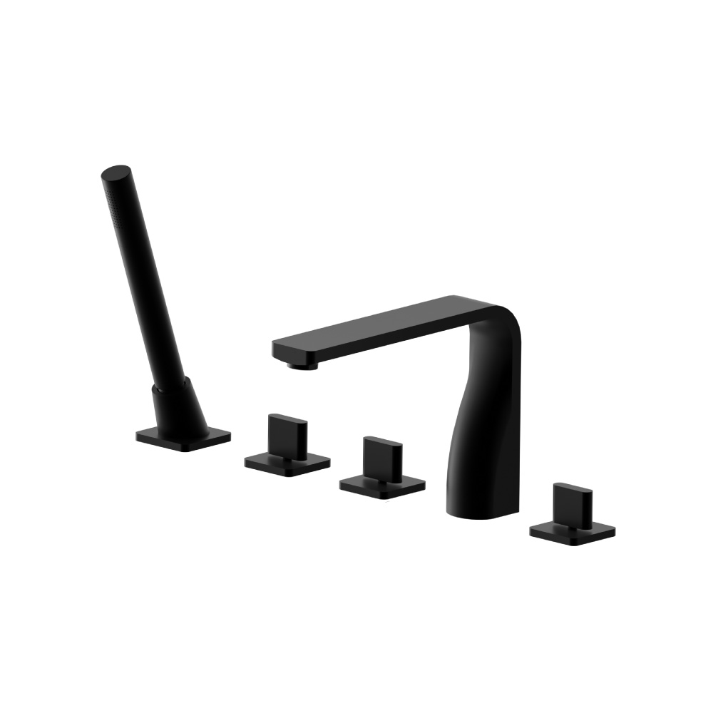 Five Hole Deck Mounted Roman Tub Faucet With Hand Shower | Gloss Black