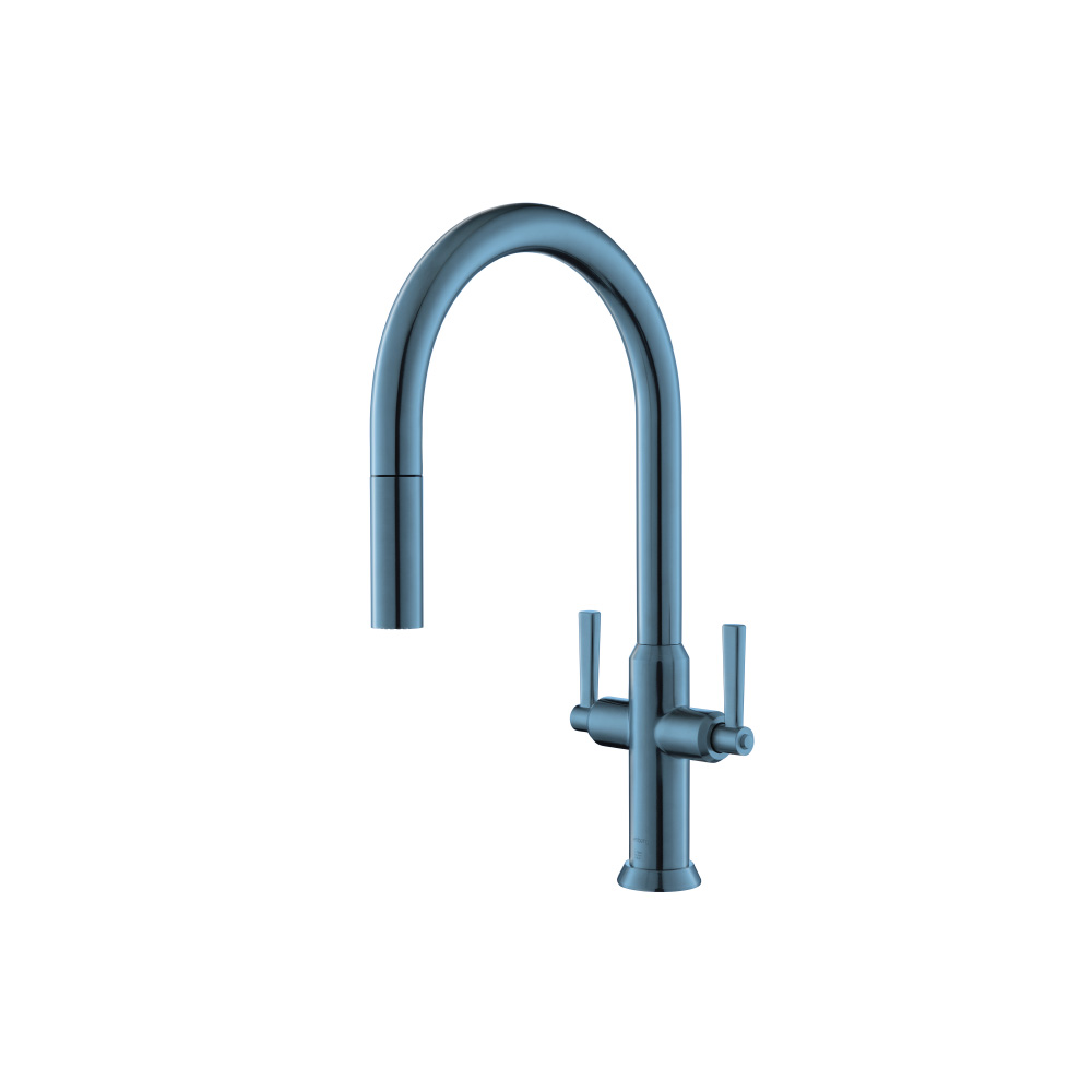 Velox - Dual Spray Stainless Steel Two Handle Kitchen Faucet With Pull Out | Blue Platinum