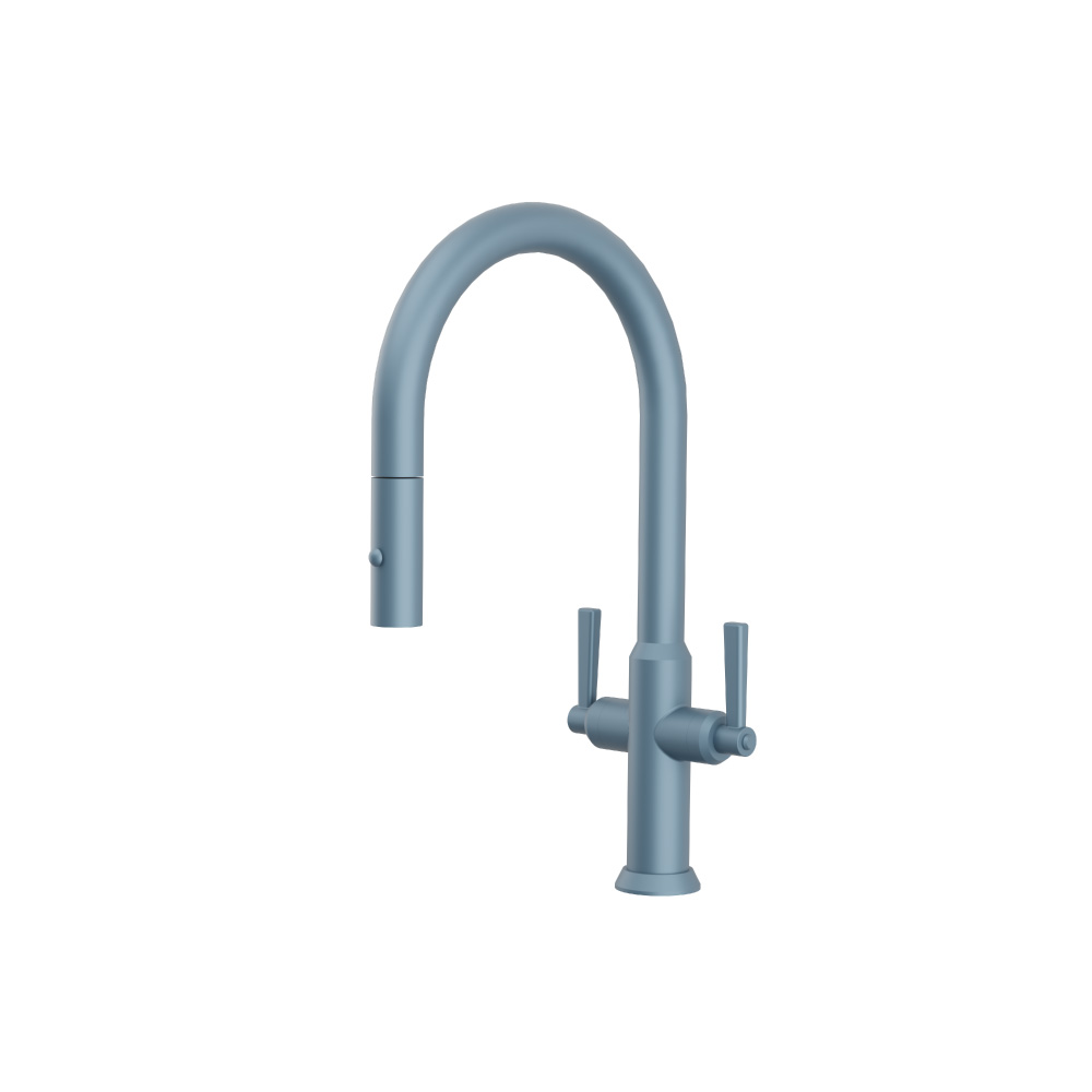 Velox - Dual Spray Stainless Steel Two Handle Kitchen Faucet With Pull Out | Blue Platinum