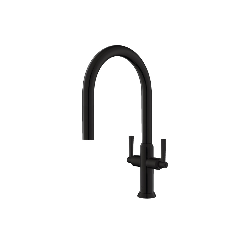 Velox - Dual Spray Stainless Steel Two Handle Kitchen Faucet With Pull Out | Gloss Black